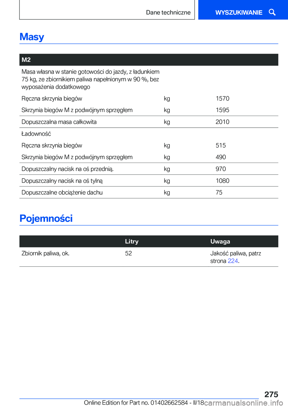 BMW M2 2018  Instrukcja obsługi (in Polish) �M�a�s�y
� 
�M�2�M�a�s�a� �w�ł�a�s�n�a� �w� �s�t�a�n�i�e� �g�o�t�o�w�o �c�i� �d�o� �j�a�z�d�y�,� �z� �ł�a�d�u�n�k�i�e�m
�7�5� �k�g�,� �z�e� �z�b�i�o�r�n�i�k�i�e�m� �p�a�l�i�w�a� �n�a�p�e�ł�n�i�o�n