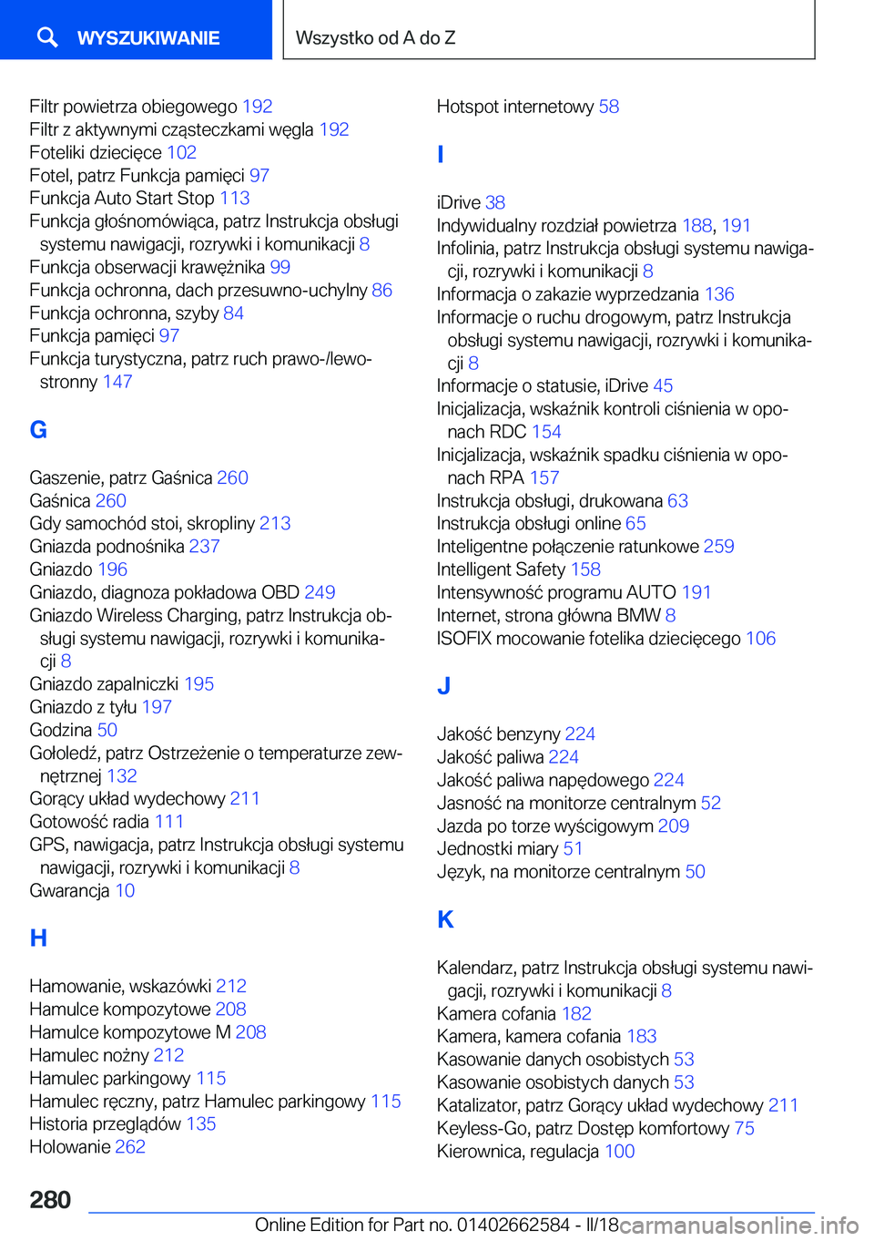 BMW M2 2018  Instrukcja obsługi (in Polish) �F�i�l�t�r� �p�o�w�i�e�t�r�z�a� �o�b�i�e�g�o�w�e�g�o� �1�9�2� 
�F�i�l�t�r� �z� �a�k�t�y�w�n�y�m�i� �c�z�