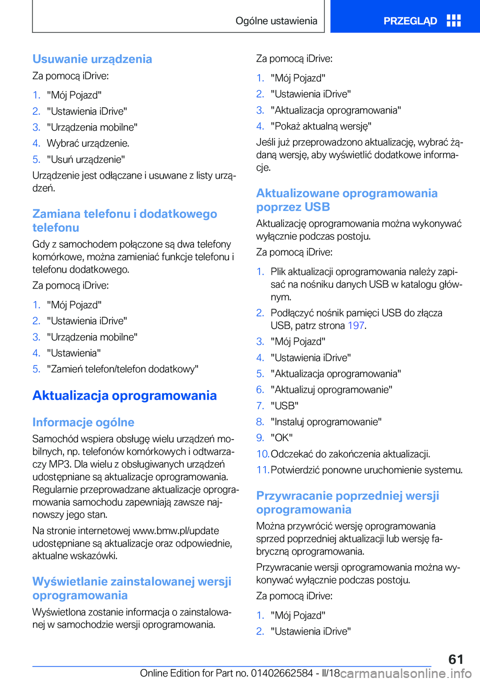 BMW M2 2018  Instrukcja obsługi (in Polish) �U�s�u�w�a�n�i�e��u�r�z�ą�d�z�e�n�i�a�Z�a� �p�o�m�o�c�