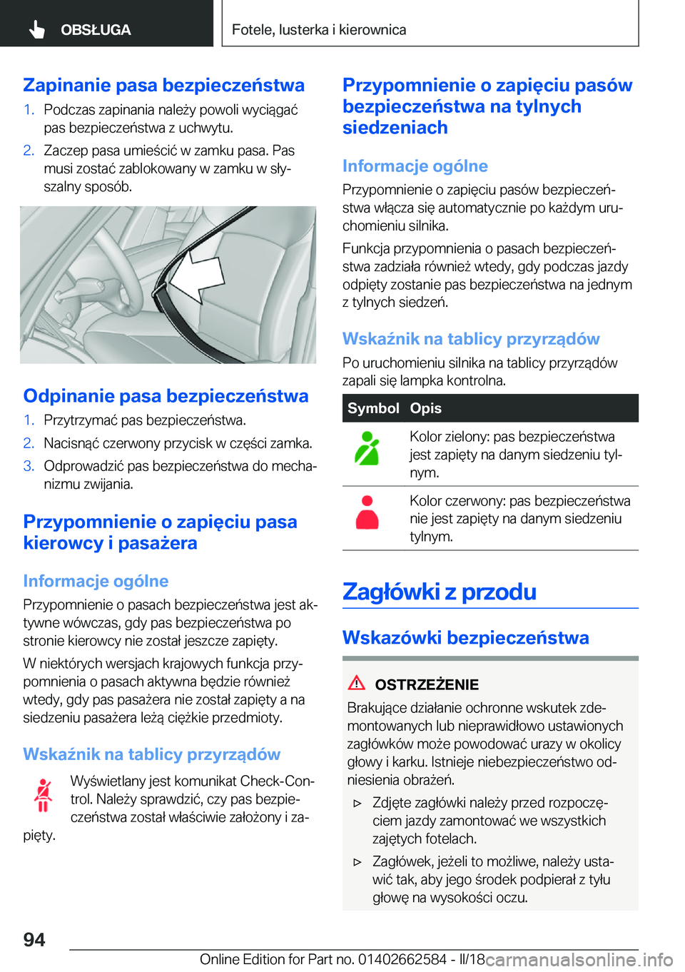 BMW M2 2018  Instrukcja obsługi (in Polish) �Z�a�p�i�n�a�n�i�e��p�a�s�a��b�e�z�p�i�e�c�z�e�