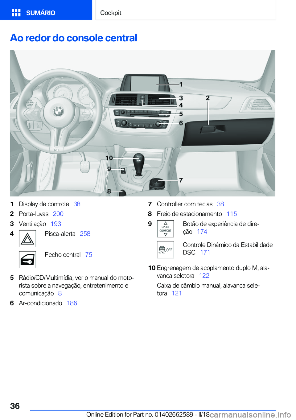 BMW M2 2018  Manual do condutor (in Portuguese) �A�o��r�e�d�o�r��d�o��c�o�n�s�o�l�e��c�e�n�t�r�a�l�1�D�i�s�p�l�a�y� �d�e� �c�o�n�t�r�o�l�e\_�3�8�2�P�o�r�t�a�-�l�u�v�a�s\_�2�0�0�3�V�e�n�t�i�l�a�