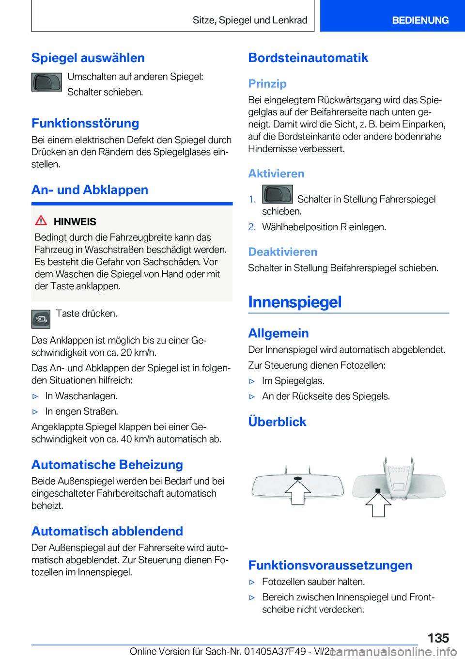BMW M3 2022  Betriebsanleitungen (in German) �S�p�i�e�g�e�l��a�u�s�w�