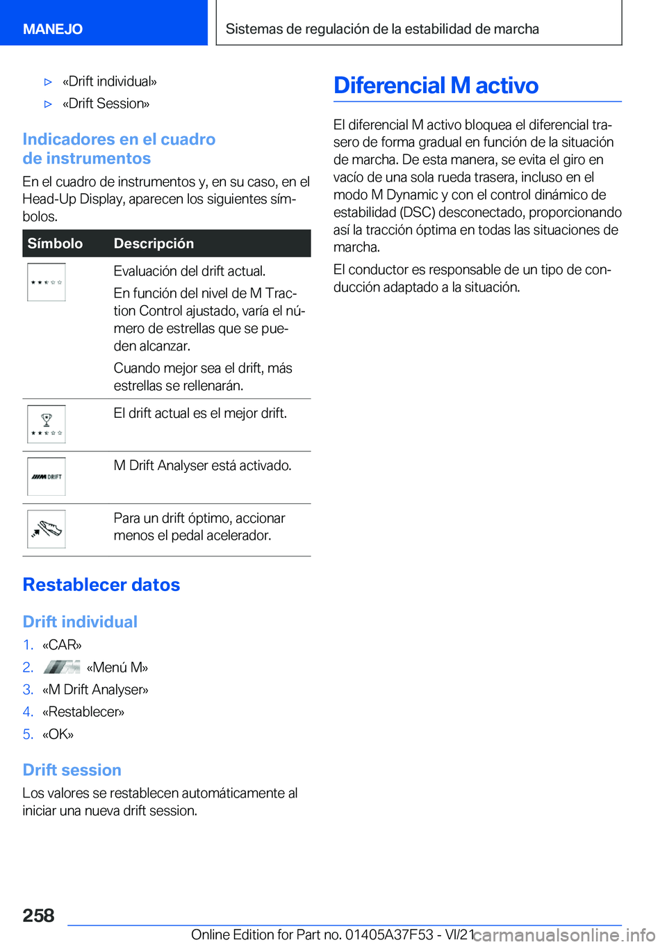 BMW M3 2022  Manuales de Empleo (in Spanish) x�«�D�r�i�f�t��i�n�d�i�v�i�d�u�a�l�{x�«�D�r�i�f�t��S�e�s�s�i�o�n�{
�I�n�d�i�c�a�d�o�r�e�s��e�n��e�l��c�u�a�d�r�o
�d�e��i�n�s�t�r�u�m�e�n�t�o�s
�E�n��e�l��c�u�a�d�r�o��d�e��i�n�s�t�r�u�m�