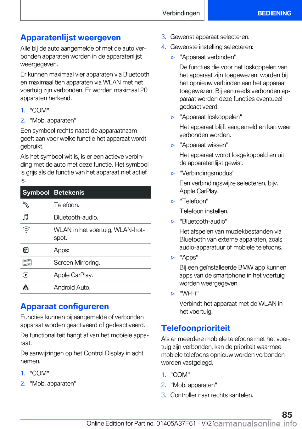 BMW M3 2022  Instructieboekjes (in Dutch) �A�p�p�a�r�a�t�e�n�l�i�j�s�t��w�e�e�r�g�e�v�e�n
�A�l�l�e��b�i�j��d�e��a�u�t�o��a�a�n�g�e�m�e�l�d�e��o�f��m�e�t��d�e��a�u�t�o��v�e�rj
�b�o�n�d�e�n��a�p�p�a�r�a�t�e�n��w�o�r�d�e�n��i�n��d
