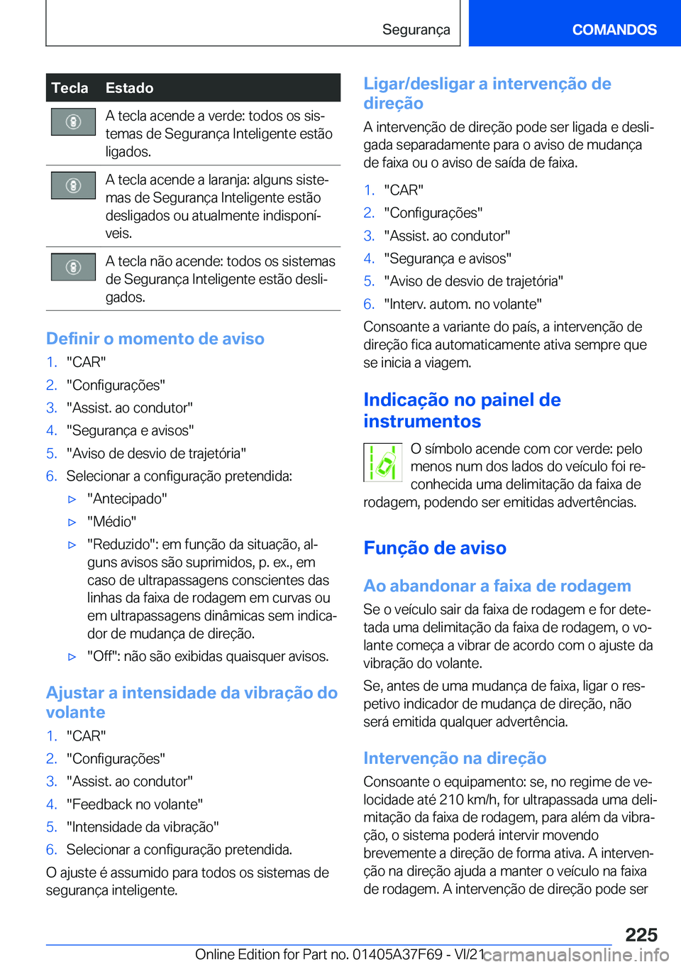 BMW M3 2022  Manual do condutor (in Portuguese) �T�e�c�l�a�E�s�t�a�d�o�A��t�e�c�l�a��a�c�e�n�d�e��a��v�e�r�d�e�:��t�o�d�o�s��o�s��s�i�sª
�t�e�m�a�s��d�e��S�e�g�u�r�a�n�