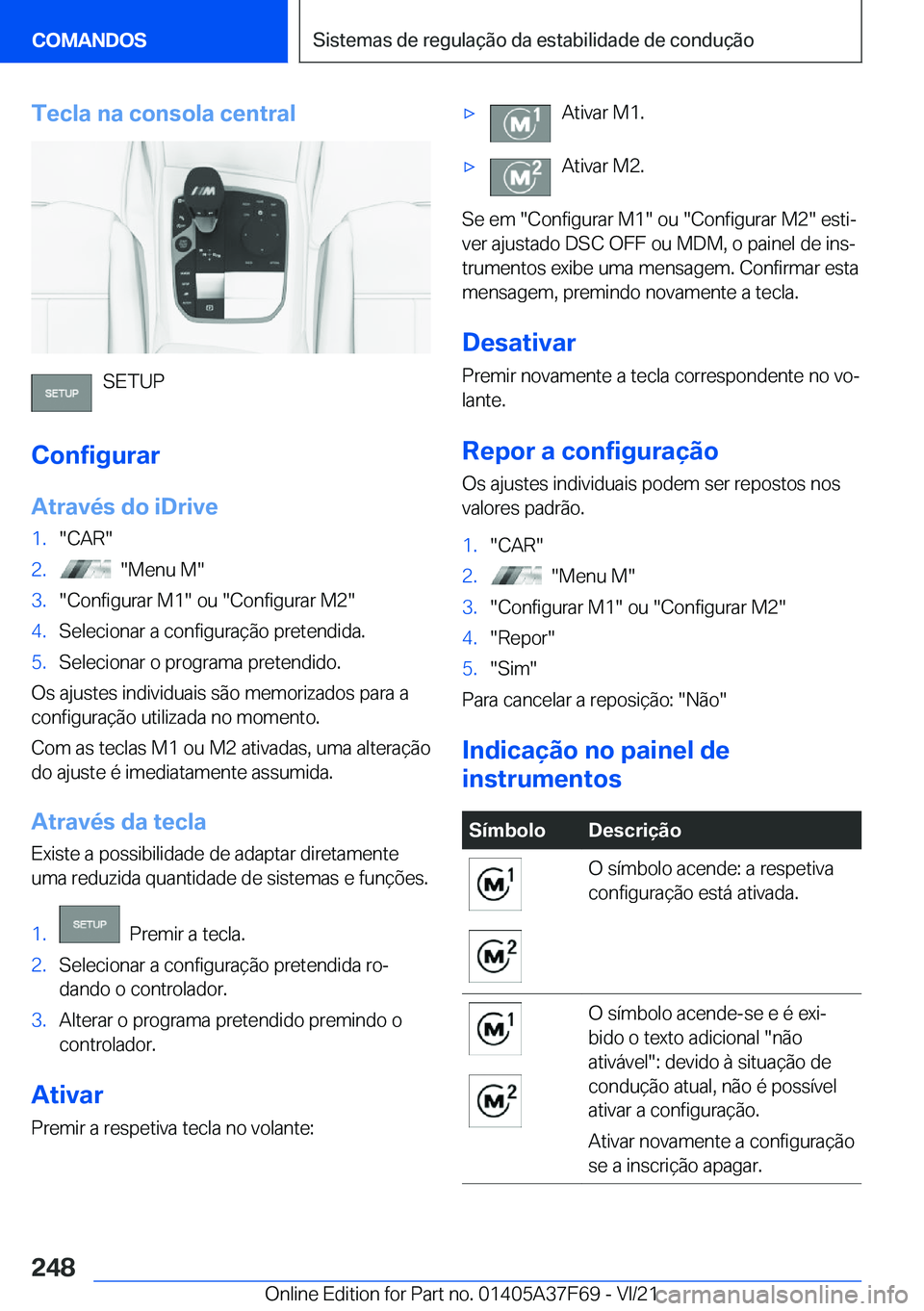 BMW M3 2022  Manual do condutor (in Portuguese) �T�e�c�l�a��n�a��c�o�n�s�o�l�a��c�e�n�t�r�a�l
�S�E�T�U�P
�C�o�n�f�i�g�u�r�a�r �A�t�r�a�v�é�s��d�o��i�D�r�i�v�e
�1�.��C�A�R��2�.����M�e�n�u��M��3�.��C�o�n�f�i�g�u�r�a�r��M�1���o�u���