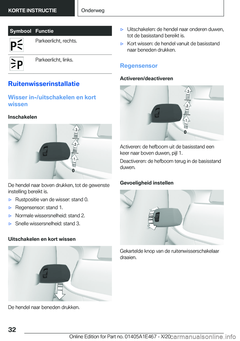BMW M3 2021  Instructieboekjes (in Dutch) �S�y�m�b�o�o�l�F�u�n�c�t�i�e�P�a�r�k�e�e�r�l�i�c�h�t�,��r�e�c�h�t�s�.�P�a�r�k�e�e�r�l�i�c�h�t�,��l�i�n�k�s�.
�R�u�i�t�e�n�w�i�s�s�e�r�i�n�s�t�a�l�l�a�t�i�e�W�i�s�s�e�r��i�n�-�/�u�i�t�s�c�h�a�k�e�l�