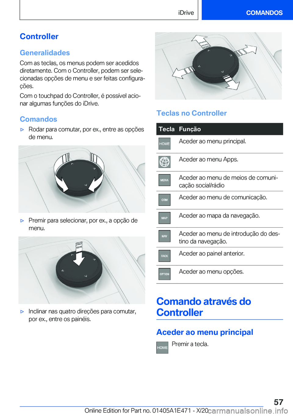 BMW M3 2021  Manual do condutor (in Portuguese) �C�o�n�t�r�o�l�l�e�r�G�e�n�e�r�a�l�i�d�a�d�e�s
�C�o�m��a�s��t�e�c�l�a�s�,��o�s��m�e�n�u�s��p�o�d�e�m��s�e�r��a�c�e�d�i�d�o�s
�d�i�r�e�t�a�m�e�n�t�e�.��C�o�m��o��C�o�n�t�r�o�l�l�e�r�,��p�o�d