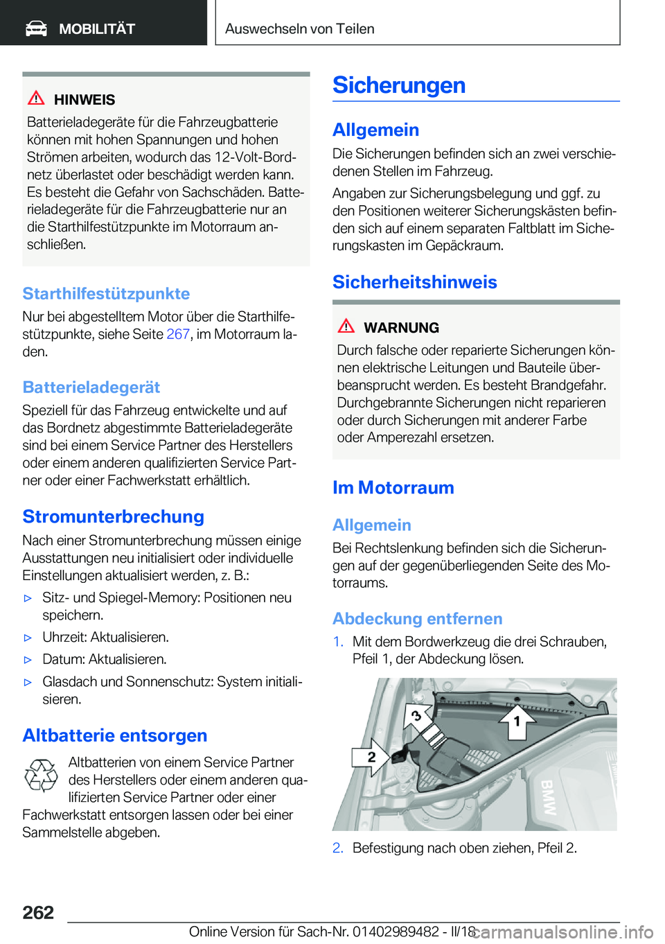 BMW M3 2018  Betriebsanleitungen (in German) �H�I�N�W�E�I�S
�B�a�t�t�e�r�i�e�l�a�d�e�g�e�r�