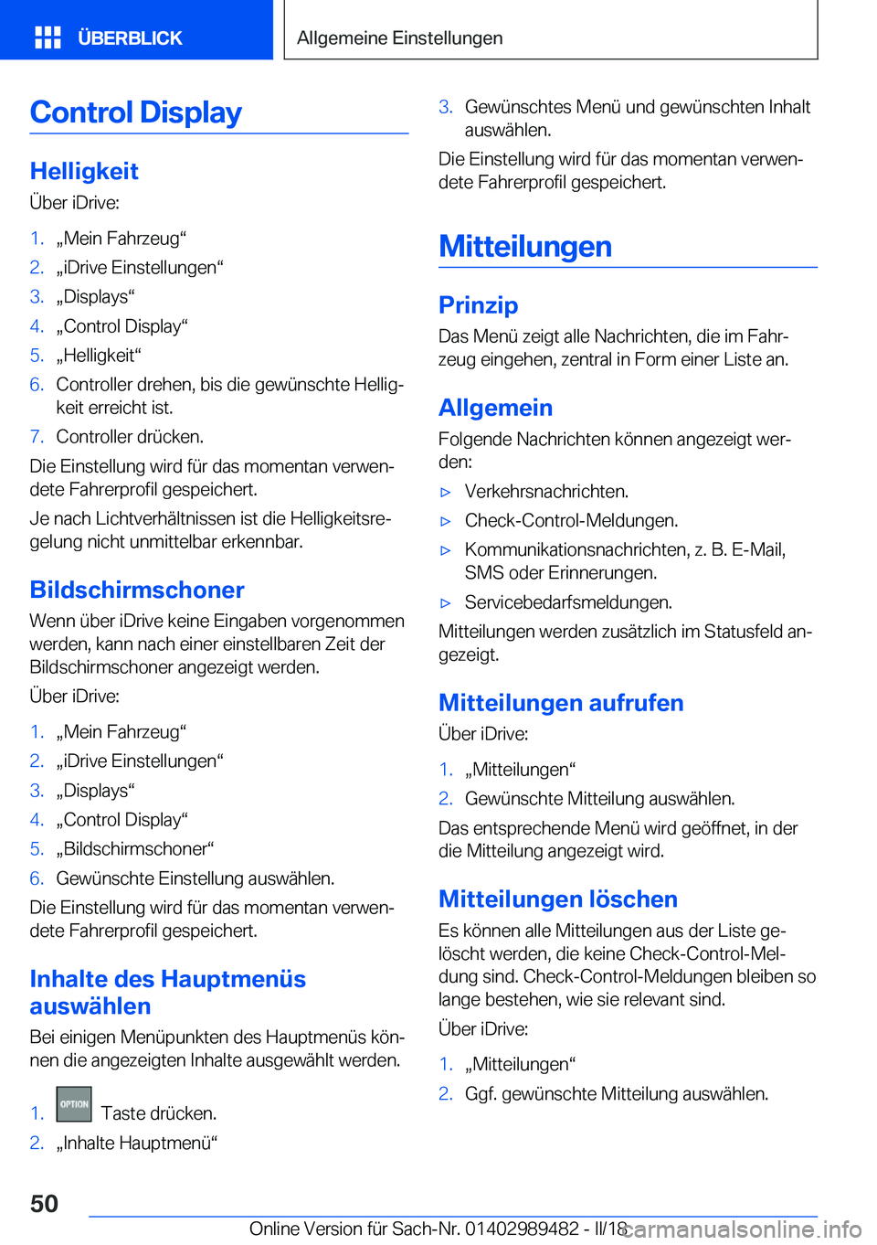BMW M3 2018  Betriebsanleitungen (in German) �C�o�n�t�r�o�l��D�i�s�p�l�a�y
�H�e�l�l�i�g�k�e�i�t
�