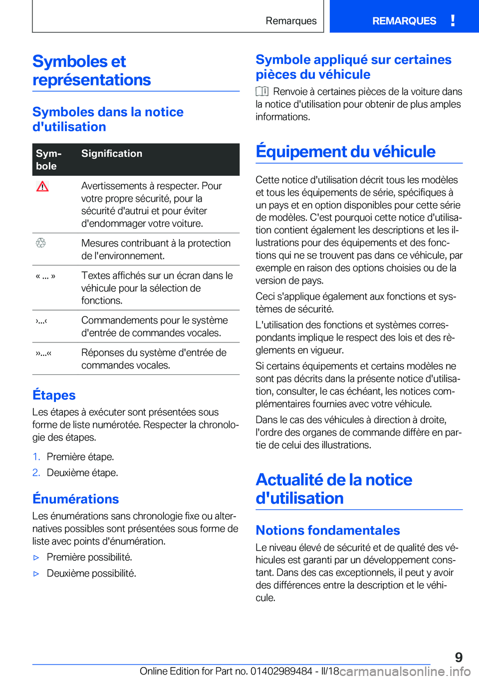 BMW M3 2018  Notices Demploi (in French) �S�y�m�b�o�l�e�s��e�t�r�e�p�r�é�s�e�n�t�a�t�i�o�n�s
�S�y�m�b�o�l�e�s��d�a�n�s��l�a��n�o�t�i�c�e
�d�'�u�t�i�l�i�s�a�t�i�o�n
�S�y�mj
�b�o�l�e�S�i�g�n�i�f�i�c�a�t�i�o�n� �A�v�e�r�t�i�s�s�e�m�e�