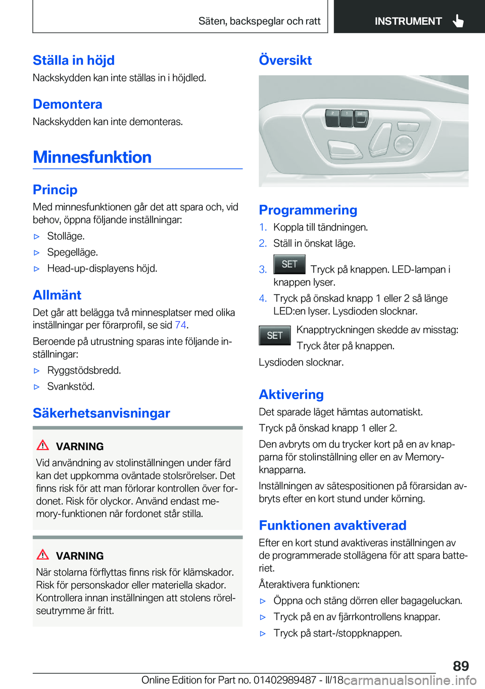 BMW M3 2018  InstruktionsbÖcker (in Swedish) �S�t�ä�l�l�a��i�n��h�