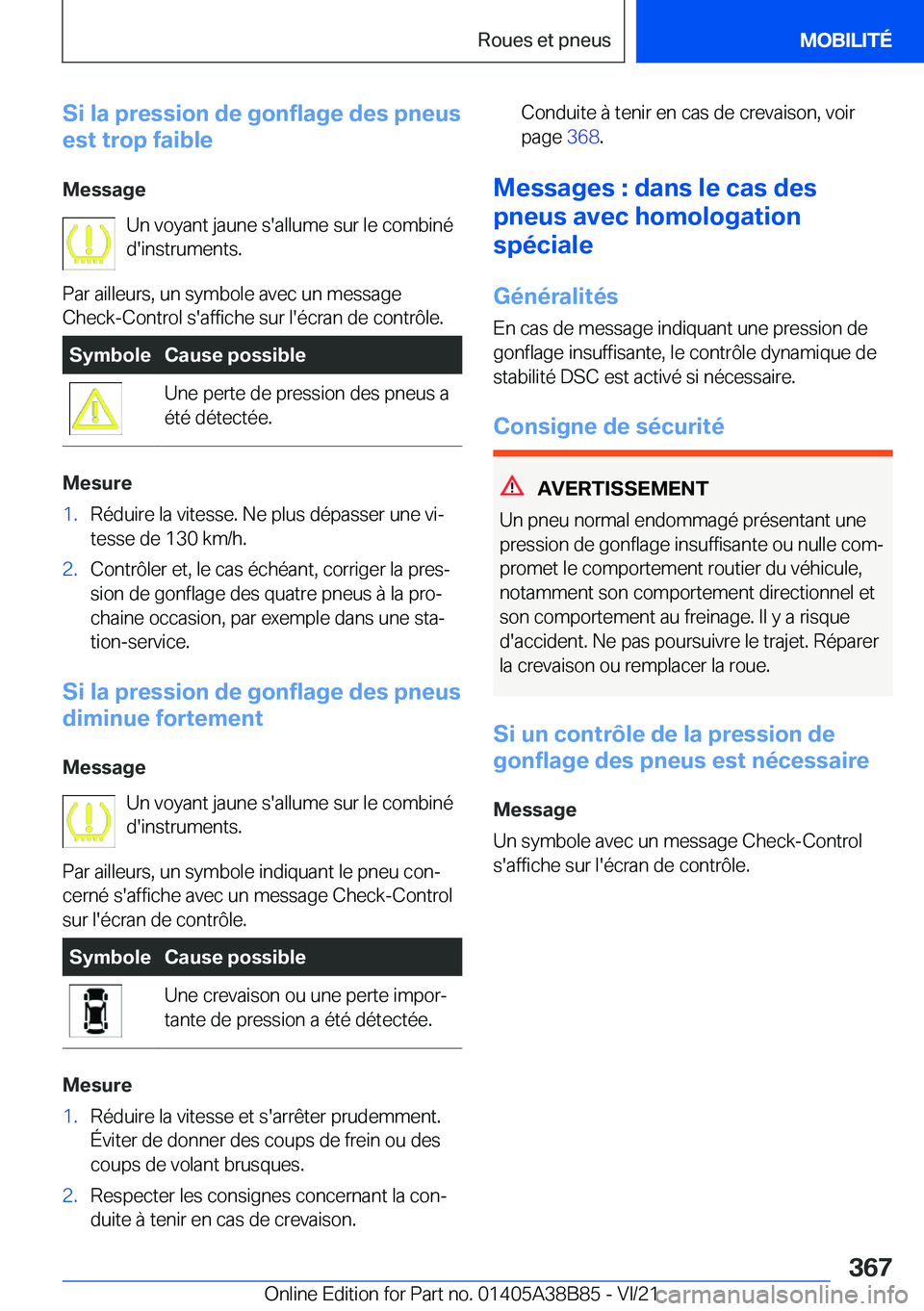 BMW M4 2022  Notices Demploi (in French) �S�i��l�a��p�r�e�s�s�i�o�n��d�e��g�o�n�f�l�a�g�e��d�e�s��p�n�e�u�s
�e�s�t��t�r�o�p��f�a�i�b�l�e
�M�e�s�s�a�g�e �U�n��v�o�y�a�n�t��j�a�u�n�e��s�'�a�l�l�u�m�e��s�u�r��l�e��c�o�m�b�i�n�