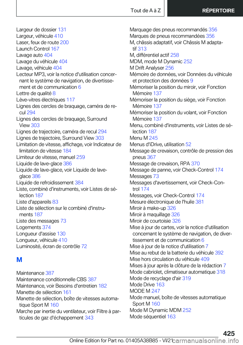 BMW M4 2022  Notices Demploi (in French) �L�a�r�g�e�u�r��d�e��d�o�s�s�i�e�r��1�3�1�
�L�a�r�g�e�u�r�,��v�é�h�i�c�u�l�e� �4�1�0�
�L�a�s�e�r�,��f�e�u�x��d�e��r�o�u�t�e� �2�0�0�
�L�a�u�n�c�h��C�o�n�t�r�o�l� �1�6�7�
�L�a�v�a�g�e�