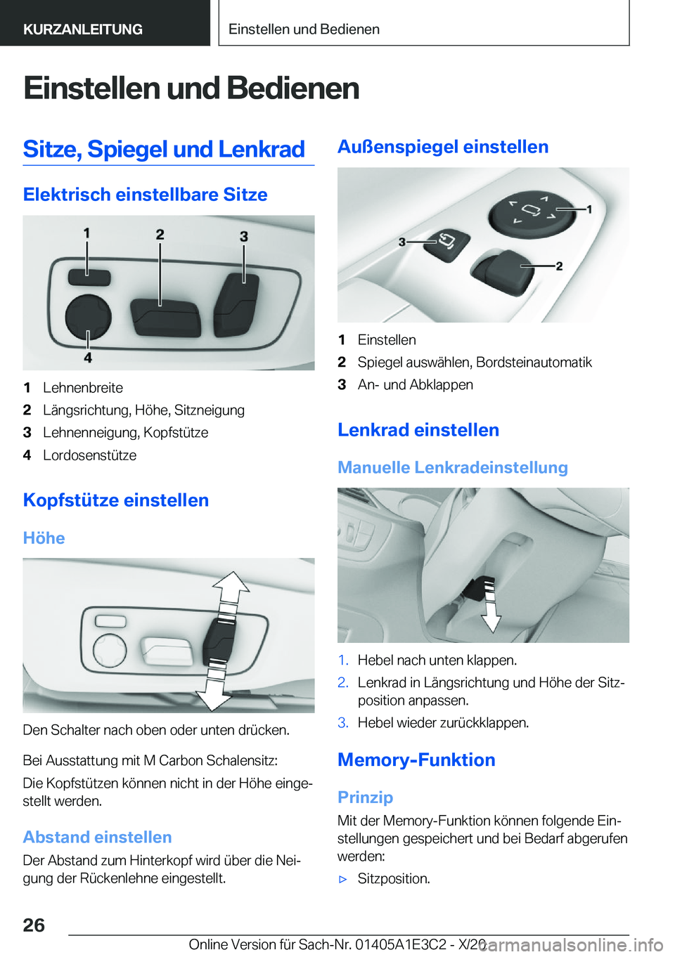 BMW M4 2021  Betriebsanleitungen (in German) �E�i�n�s�t�e�l�l�e�n��u�n�d��B�e�d�i�e�n�e�n�S�i�t�z�e�,��S�p�i�e�g�e�l��u�n�d��L�e�n�k�r�a�d
�E�l�e�k�t�r�i�s�c�h��e�i�n�s�t�e�l�l�b�a�r�e��S�i�t�z�e
�1�L�e�h�n�e�n�b�r�e�i�t�e�2�L�