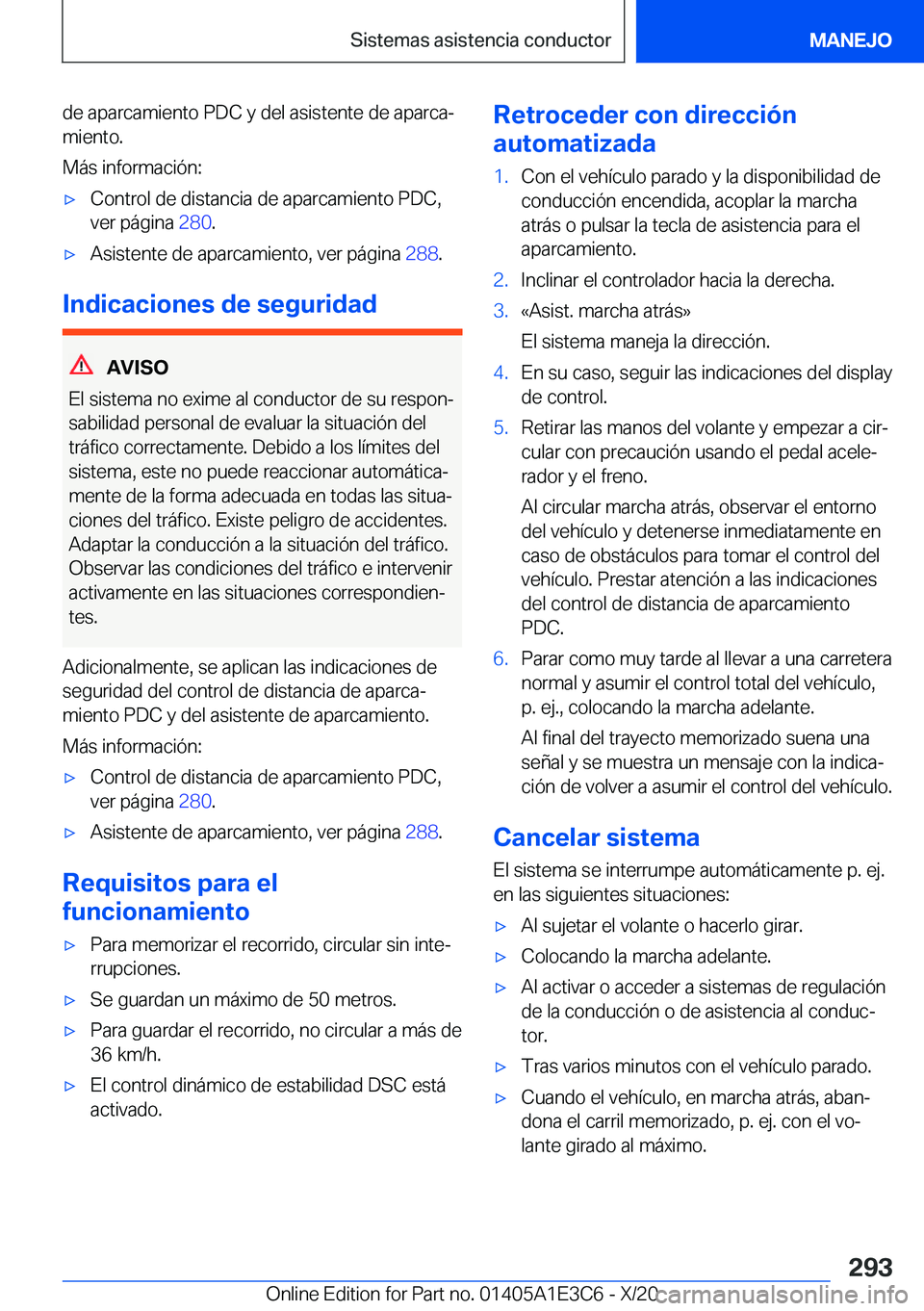 BMW M4 2021  Manuales de Empleo (in Spanish) �d�e��a�p�a�r�c�a�m�i�e�n�t�o��P�D�C��y��d�e�l��a�s�i�s�t�e�n�t�e��d�e��a�p�a�r�c�aª�m�i�e�n�t�o�.
�M�