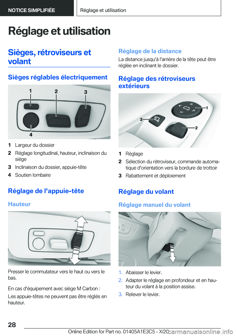 BMW M4 2021  Notices Demploi (in French) �R�é�g�l�a�g�e��e�t��u�t�i�l�i�s�a�t�i�o�n�S�i�è�g�e�s�,��r�é�t�r�o�v�i�s�e�u�r�s��e�t�v�o�l�a�n�t
�S�i�è�g�e�s��r�é�g�l�a�b�l�e�s��é�l�e�c�t�r�i�q�u�e�m�e�n�t
�1�L�a�r�g�e�u�r��d�u��d�o