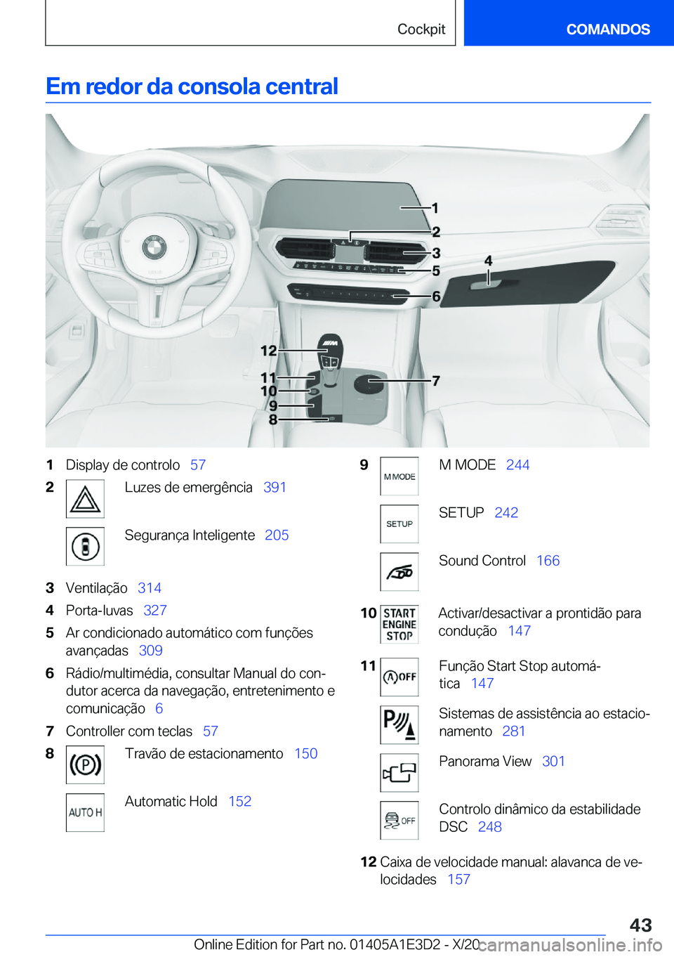 BMW M4 2021  Manual do condutor (in Portuguese) �E�m��r�e�d�o�r��d�a��c�o�n�s�o�l�a��c�e�n�t�r�a�l�1�D�i�s�p�l�a�y��d�e��c�o�n�t�r�o�l�o\_�5�7�2�L�u�z�e�s��d�e��e�m�e�r�g�ê�n�c�i�a\_ �3�9�1�S�e�g�u�r�a�n�
