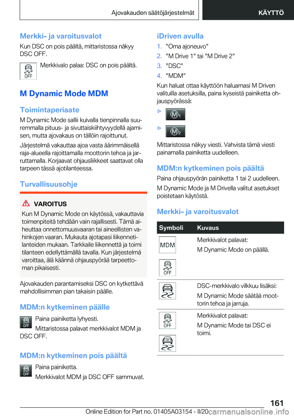 BMW M4 2020  Omistajan Käsikirja (in Finnish) �M�e�r�k�k�i�-��j�a��v�a�r�o�i�t�u�s�v�a�l�o�t
�K�u�n��D�S�C��o�n��p�o�i�s��p�