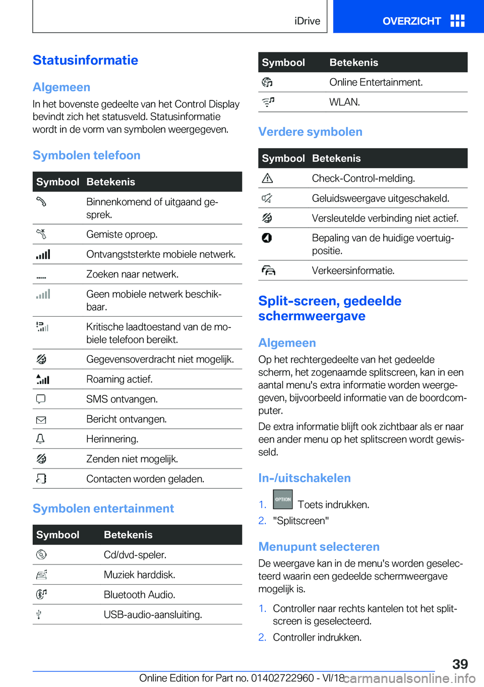 BMW M4 2019  Instructieboekjes (in Dutch) �S�t�a�t�u�s�i�n�f�o�r�m�a�t�i�e
�A�l�g�e�m�e�e�n �I�n��h�e�t��b�o�v�e�n�s�t�e��g�e�d�e�e�l�t�e��v�a�n��h�e�t��C�o�n�t�r�o�l��D�i�s�p�l�a�y�b�e�v�i�n�d�t��z�i�c�h��h�e�t��s�t�a�t�u�s�v�e�l�d