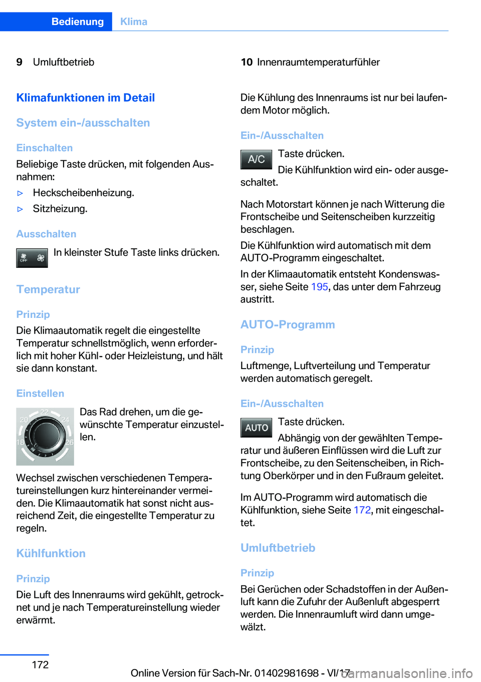 BMW M4 2018  Betriebsanleitungen (in German) �9�U�m�l�u�f�t�b�e�t�r�i�e�b�1�0�I�n�n�e�n�r�a�u�m�t�e�m�p�e�r�a�t�u�r�f�
