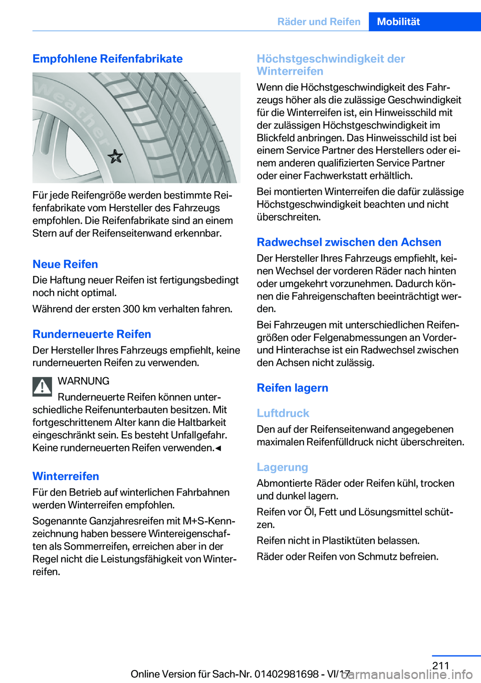 BMW M4 2018  Betriebsanleitungen (in German) �E�m�p�f�o�h�l�e�n�e��R�e�i�f�e�n�f�a�b�r�i�k�a�t�e
�F�