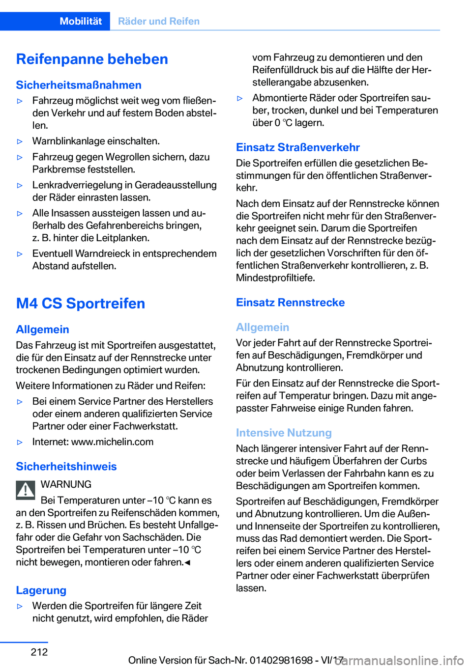 BMW M4 2018  Betriebsanleitungen (in German) �R�e�i�f�e�n�p�a�n�n�e��b�e�h�e�b�e�n�S�i�c�h�e�r�h�e�i�t�s�m�a�