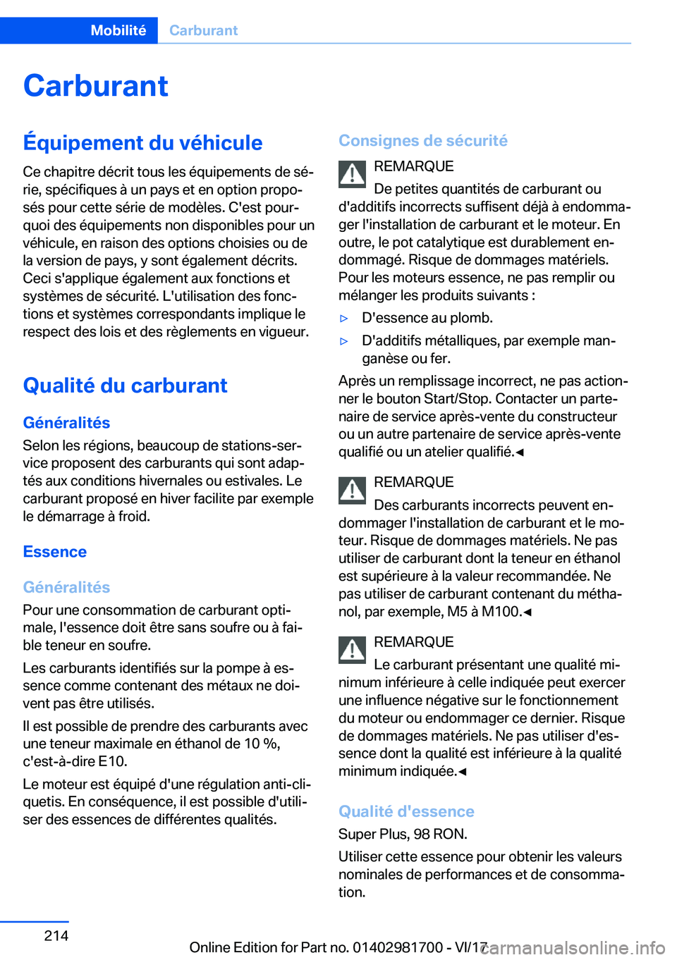 BMW M4 2018  Notices Demploi (in French) �C�a�r�b�u�r�a�n�t�