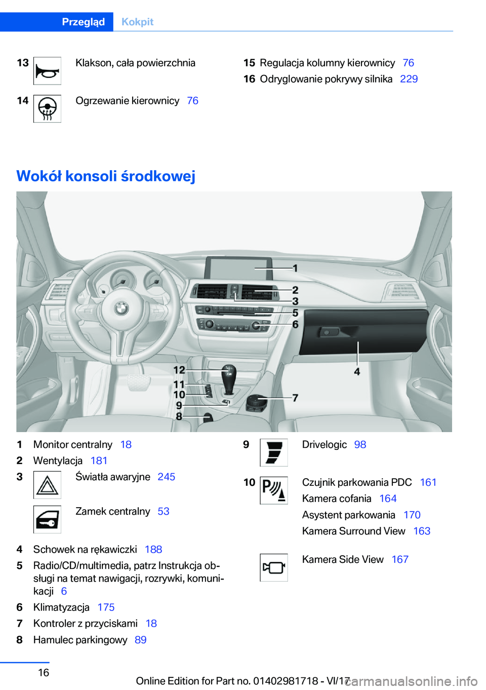 BMW M4 2018  Instrukcja obsługi (in Polish) �1�3�K�l�a�k�s�o�n�,� �c�a�ł�a� �p�o�w�i�e�r�z�c�h�n�i�a�1�4�O�g�r�z�e�w�a�n�i�e� �k�i�e�r�o�w�n�i�c�y\_�7�6�1�5�R�e�g�u�l�a�c�j�a� �k�o�l�u�m�n�y� �k�i�e�r�o�w�n�i�c�y\_ �7�6�1�6�O�d�r�y�g�l�o�w