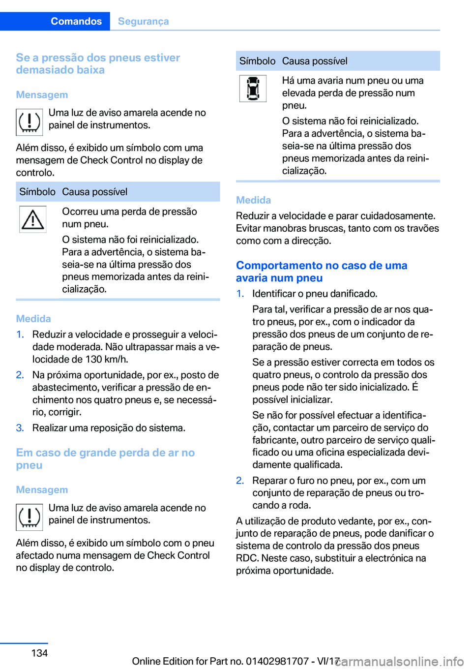 BMW M4 2018  Manual do condutor (in Portuguese) �S�e��a��p�r�e�s�s�ã�o��d�o�s��p�n�e�u�s��e�s�t�i�v�e�r
�d�e�m�a�s�i�a�d�o��b�a�i�x�a
�M�e�n�s�a�g�e�m �U�m�a� �l�u�z� �d�e� �a�v�i�s�o� �a�m�a�r�e�l�a� �a�c�e�n�d�e� �n�o
�p�a�i�n�e�l� �d�e� �