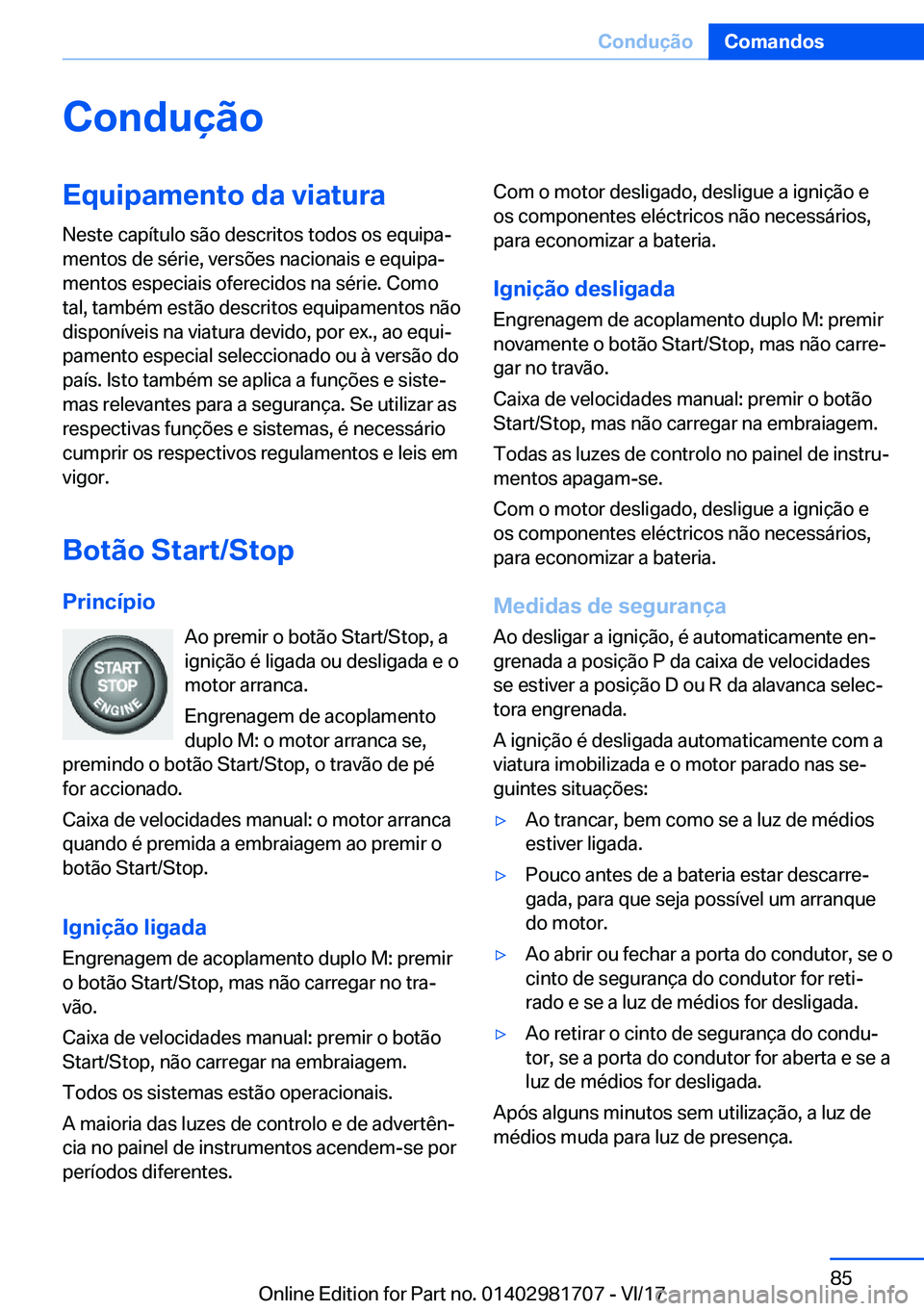 BMW M4 2018  Manual do condutor (in Portuguese) �C�o�n�d�u�
