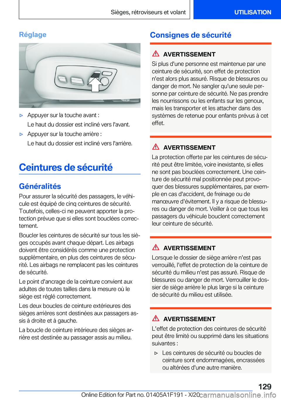 BMW M5 2021  Notices Demploi (in French) �R�é�g�l�a�g�e'x�A�p�p�u�y�e�r��s�u�r��l�a��t�o�u�c�h�e��a�v�a�n�t��:
�L�e��h�a�u�t��d�u��d�o�s�s�i�e�r��e�s�t��i�n�c�l�i�n�é��v�e�r�s��l�'�a�v�a�n�t�.'x�A�p�p�u�y�e�r��s�u�