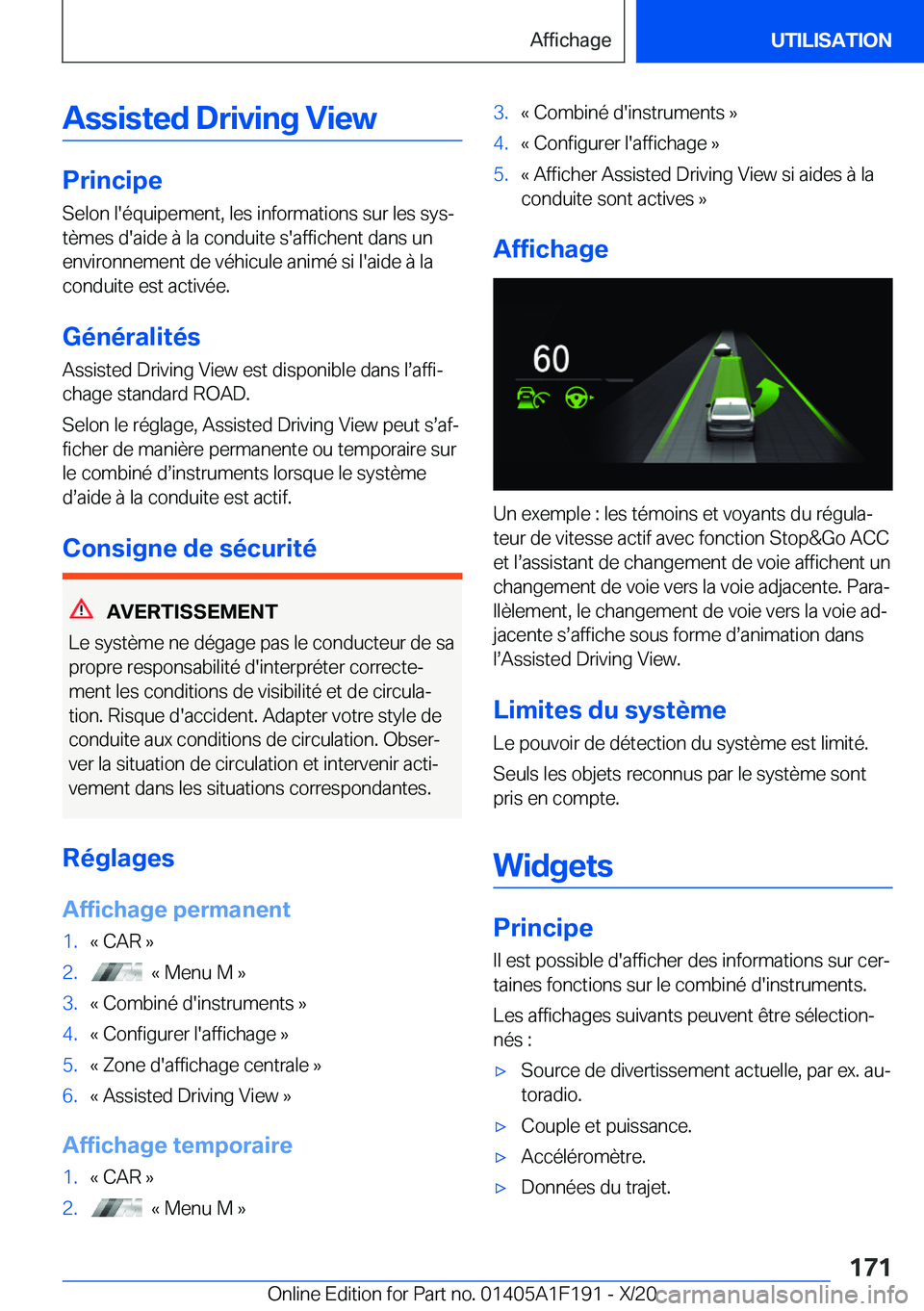 BMW M5 2021  Notices Demploi (in French) �A�s�s�i�s�t�e�d��D�r�i�v�i�n�g��V�i�e�w
�P�r�i�n�c�i�p�e�S�e�l�o�n��l�'�é�q�u�i�p�e�m�e�n�t�,��l�e�s��i�n�f�o�r�m�a�t�i�o�n�s��s�u�r��l�e�s��s�y�sj�t�è�m�e�s��d�'�a�i�d�e��