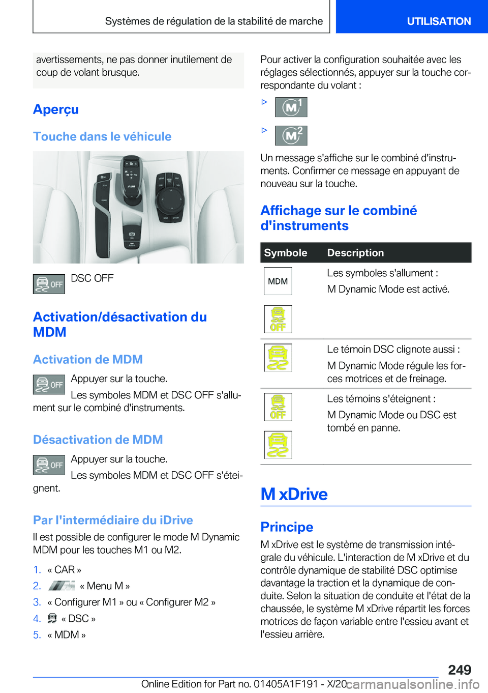 BMW M5 2021  Notices Demploi (in French) �a�v�e�r�t�i�s�s�e�m�e�n�t�s�,��n�e��p�a�s��d�o�n�n�e�r��i�n�u�t�i�l�e�m�e�n�t��d�e
�c�o�u�p��d�e��v�o�l�a�n�t��b�r�u�s�q�u�e�.
�A�p�e�r�ç�u
�T�o�u�c�h�e��d�a�n�s��l�e��v�é�h�i�c�u�l�e
�D