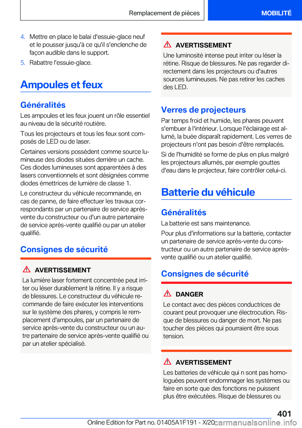 BMW M5 2021  Notices Demploi (in French) �4�.�M�e�t�t�r�e��e�n��p�l�a�c�e��l�e��b�a�l�a�i��d�'�e�s�s�u�i�e�-�g�l�a�c�e��n�e�u�f
�e�t��l�e��p�o�u�s�s�e�r��j�u�s�q�u�'�