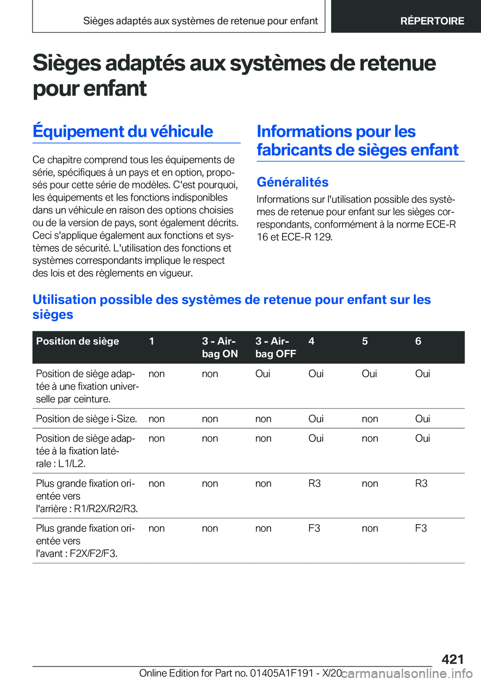 BMW M5 2021  Notices Demploi (in French) �S�i�è�g�e�s��a�d�a�p�t�é�s��a�u�x��s�y�s�t�è�m�e�s��d�e��r�e�t�e�n�u�e
�p�o�u�r��e�n�f�a�n�t�