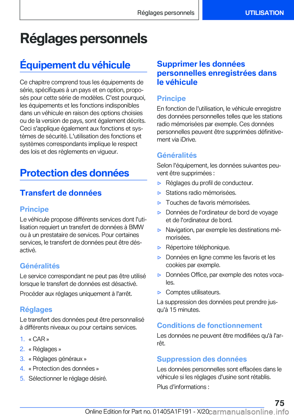 BMW M5 2021  Notices Demploi (in French) �R�é�g�l�a�g�e�s��p�e�r�s�o�n�n�e�l�s�