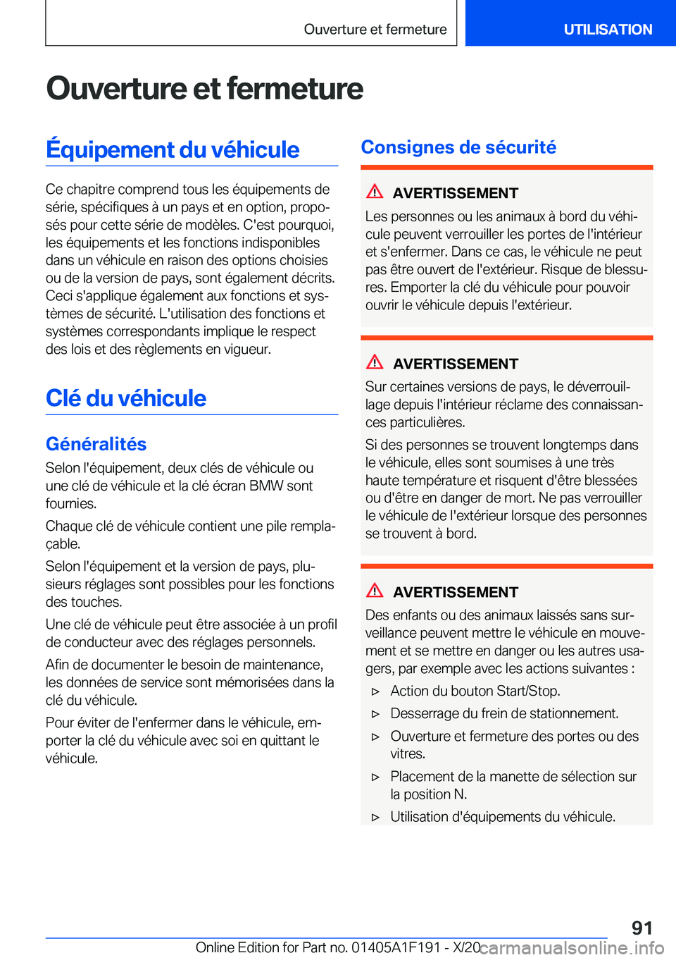 BMW M5 2021  Notices Demploi (in French) �O�u�v�e�r�t�u�r�e��e�t��f�e�r�m�e�t�u�r�e�