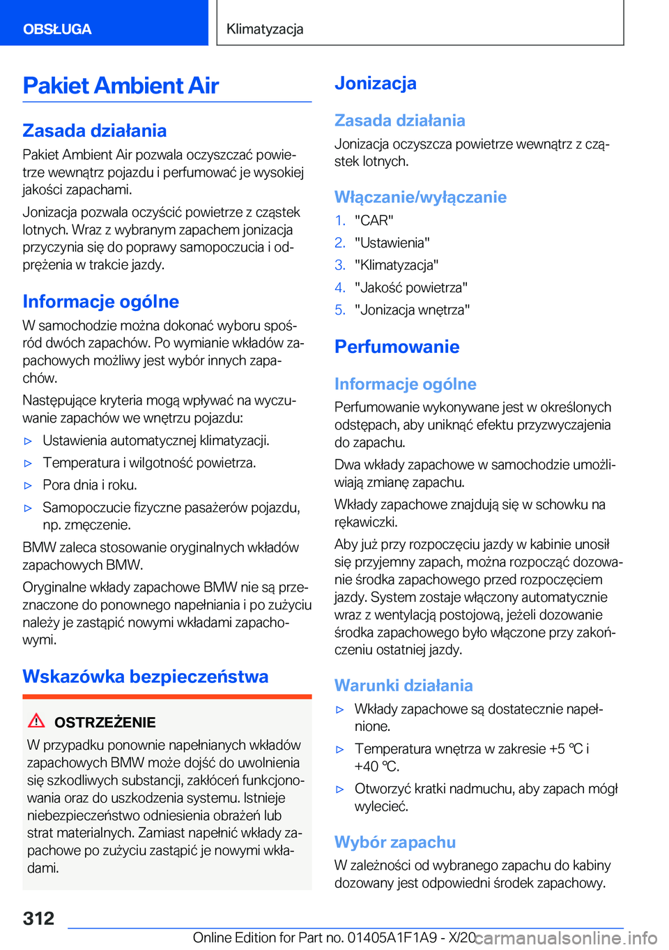 BMW M5 2021  Instrukcja obsługi (in Polish) �P�a�k�i�e�t��A�m�b�i�e�n�t��A�i�r
�Z�a�s�a�d�a��d�z�i�a�ł�a�n�i�a
�P�a�k�i�e�t��A�m�b�i�e�n�t��A�i�r��p�o�z�w�a�l�a��o�c�z�y�s�z�c�z�a�