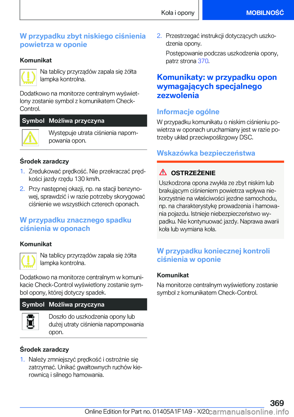 BMW M5 2021  Instrukcja obsługi (in Polish) �W��p�r�z�y�p�a�d�k�u��z�b�y�t��n�i�s�k�i�e�g�o��c�i�n�i�e�n�i�a
�p�o�w�i�e�t�r�z�a��w��o�p�o�n�i�e
�K�o�m�u�n�i�k�a�t �N�a��t�a�b�l�i�c�y��p�r�z�y�r�z�