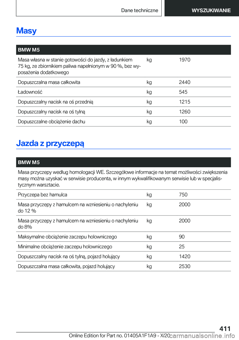 BMW M5 2021  Instrukcja obsługi (in Polish) �M�a�s�y
�
�B�M�W��M�5�M�a�s�a��w�ł�a�s�n�a��w��s�t�a�n�i�e��g�o�t�o�w�o�c�i��d�o��j�a�z�d�y�,��z��ł�a�d�u�n�k�i�e�m
�7�5��k�g�,��z�e��z�b�i�o�r�n�i�k�i�e�m��p�a�l�i�w�a��n�a�p�e�ł