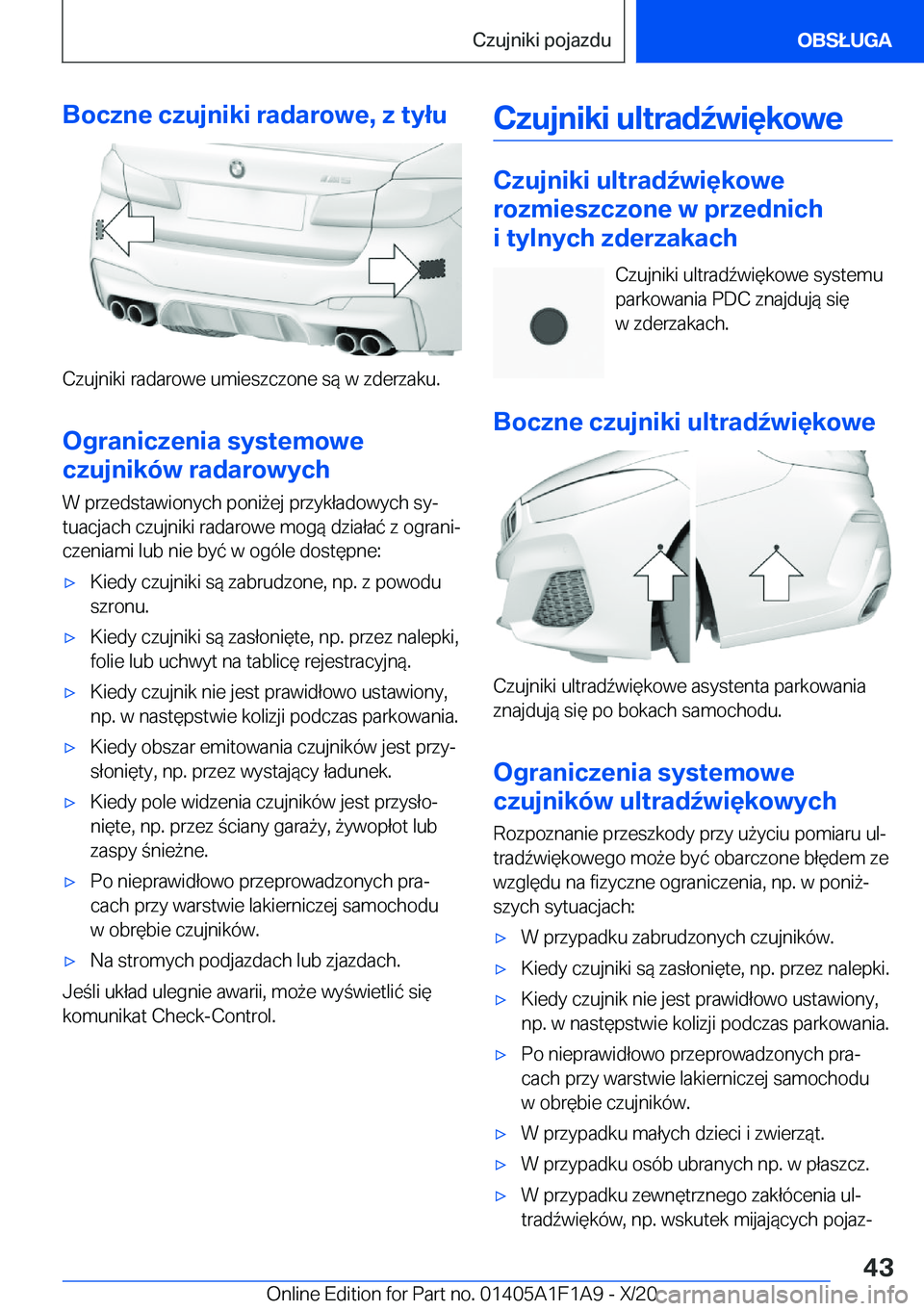 BMW M5 2021  Instrukcja obsługi (in Polish) �B�o�c�z�n�e��c�z�u�j�n�i�k�i��r�a�d�a�r�o�w�e�,��z��t�y�ł�u
�C�z�u�j�n�i�k�i��r�a�d�a�r�o�w�e��u�m�i�e�s�z�c�z�o�n�e��s�