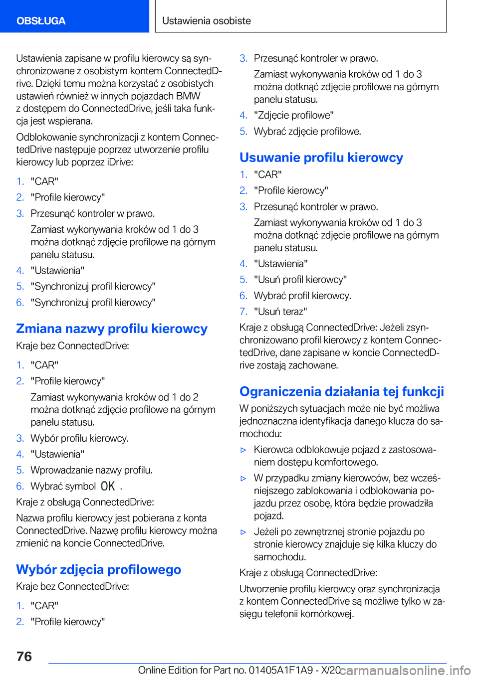 BMW M5 2021  Instrukcja obsługi (in Polish) �U�s�t�a�w�i�e�n�i�a��z�a�p�i�s�a�n�e��w��p�r�o�f�i�l�u��k�i�e�r�o�w�c�y��s�