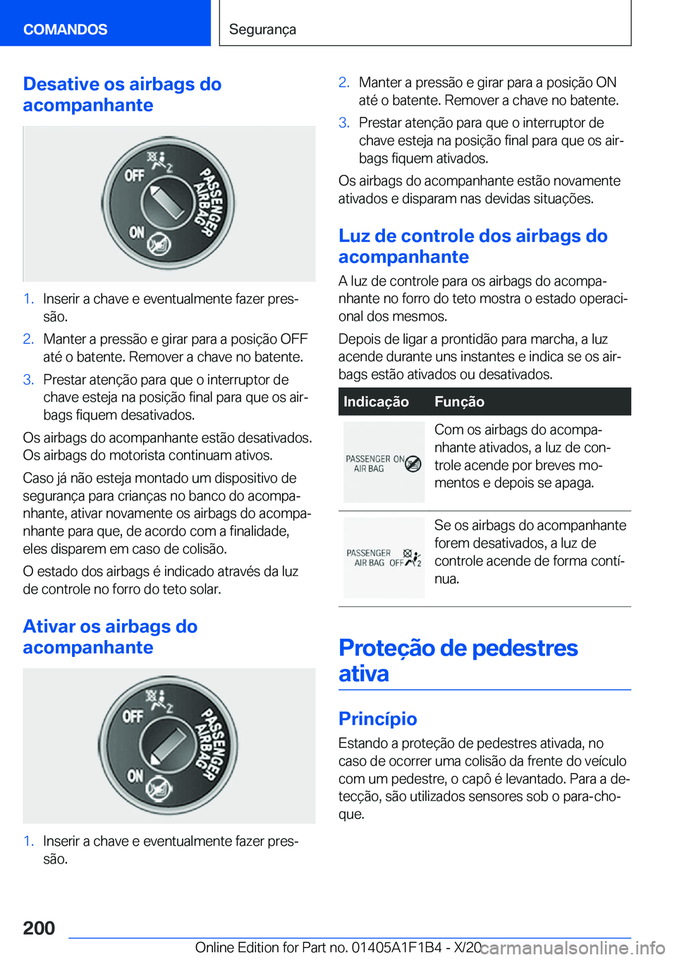 BMW M5 2021  Manual do condutor (in Portuguese) �D�e�s�a�t�i�v�e��o�s��a�i�r�b�a�g�s��d�o
�a�c�o�m�p�a�n�h�a�n�t�e�1�.�I�n�s�e�r�i�r��a��c�h�a�v�e��e��e�v�e�n�t�u�a�l�m�e�n�t�e��f�a�z�e�r��p�r�e�sª
�s�ã�o�.�2�.�M�a�n�t�e�r��a��p�r�e�s