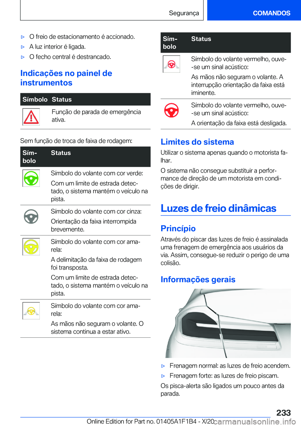 BMW M5 2021  Manual do condutor (in Portuguese) 'x�O��f�r�e�i�o��d�e��e�s�t�a�c�i�o�n�a�m�e�n�t�o��é��a�c�c�i�o�n�a�d�o�.'x�A��l�u�z��i�n�t�e�r�i�o�r��é��l�i�g�a�d�a�.'x�O��f�e�c�h�o��c�e�n�t�r�a�l��é��d�e�s�t�r�a�n�c�a�
