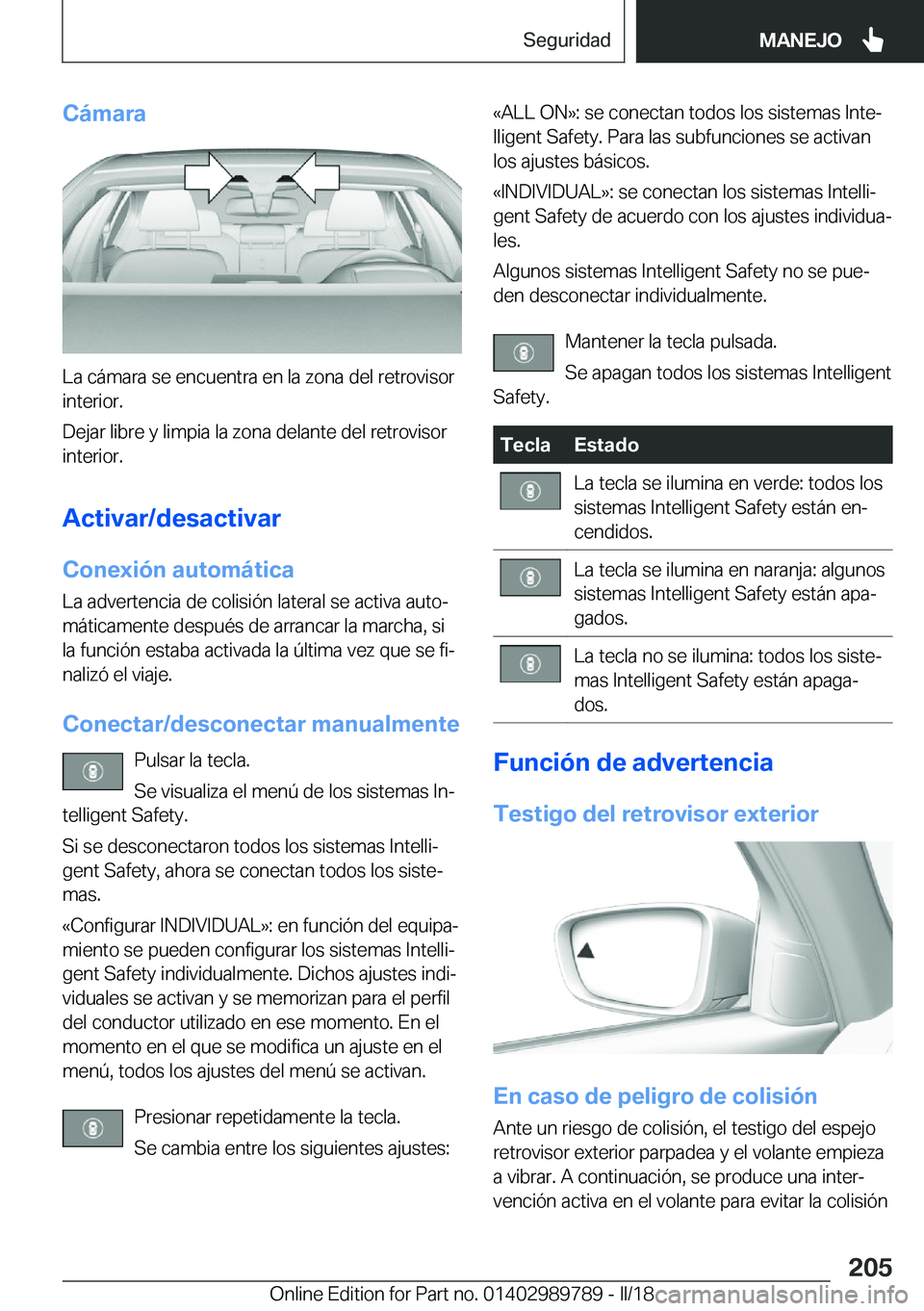 BMW M5 2018  Manuales de Empleo (in Spanish) �C�á�m�a�r�a
�L�a� �c�á�m�a�r�a� �s�e� �e�n�c�u�e�n�t�r�a� �e�n� �l�a� �z�o�n�a� �d�e�l� �r�e�t�r�o�v�i�s�o�r�i�n�t�e�r�i�o�r�.
�D�e�j�a�r� �l�i�b�r�e� �y� �l�i�m�p�i�a� �l�a� �z�o�n�a� �d�e�l�a�n�t