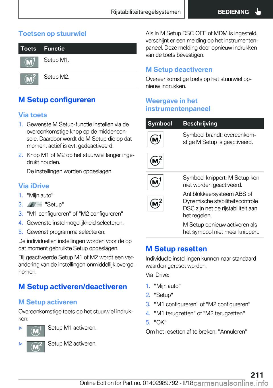 BMW M5 2018  Instructieboekjes (in Dutch) �T�o�e�t�s�e�n��o�p��s�t�u�u�r�w�i�e�l�T�o�e�t�s�F�u�n�c�t�i�e�S�e�t�u�p� �M�1�.�S�e�t�u�p� �M�2�.
�M��S�e�t�u�p��c�o�n�f�i�g�u�r�e�r�e�n
�V�i�a��t�o�e�t�s
�1�.�G�e�w�e�n�s�t�e� �M� �S�e�t�u�p�-�
