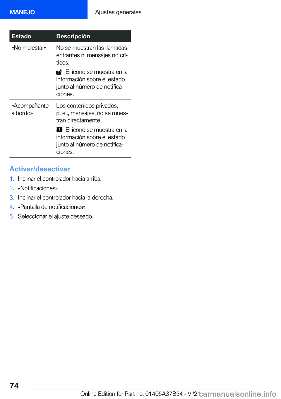 BMW M8 2022  Manuales de Empleo (in Spanish) �E�s�t�a�d�o�D�e�s�c�r�i�p�c�i�