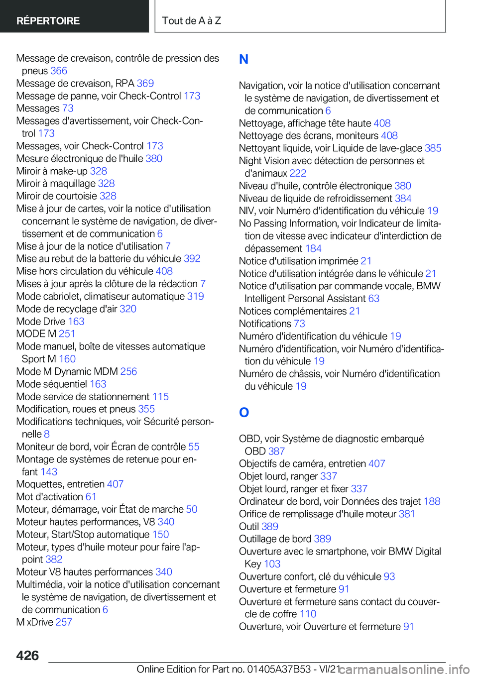 BMW M8 2022  Notices Demploi (in French) �M�e�s�s�a�g�e��d�e��c�r�e�v�a�i�s�o�n�,��c�o�n�t�r�
