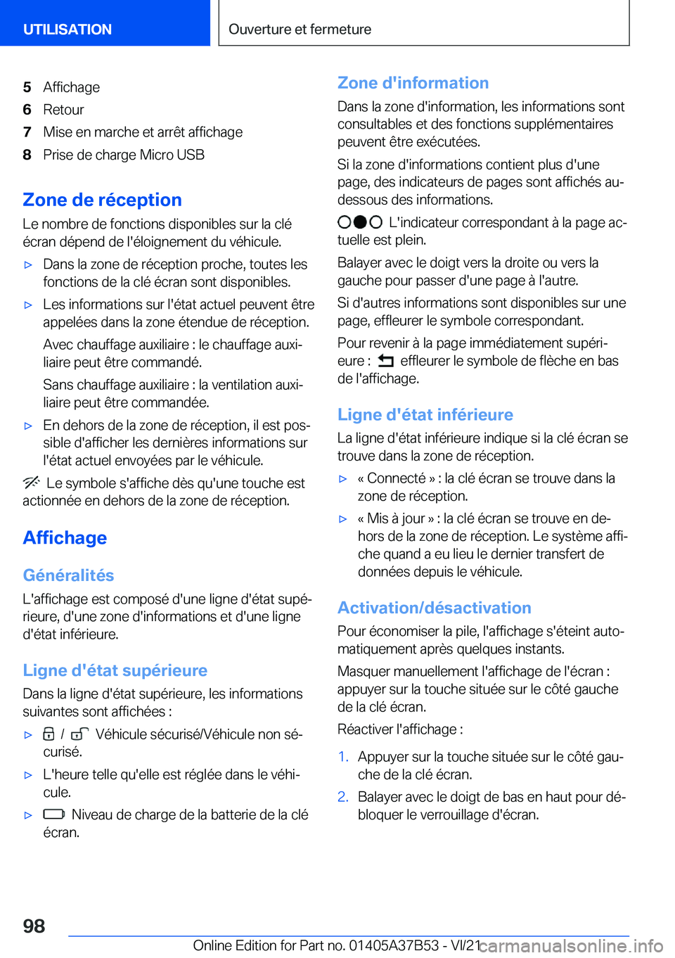 BMW M8 2022  Notices Demploi (in French) �5�A�f�f�i�c�h�a�g�e�6�R�e�t�o�u�r�7�M�i�s�e��e�n��m�a�r�c�h�e��e�t��a�r�r�ê�t��a�f�f�i�c�h�a�g�e�8�P�r�i�s�e��d�e��c�h�a�r�g�e��M�i�c�r�o��U�S�B
�Z�o�n�e��d�e��r�é�c�e�p�t�i�o�n
�L�e��n